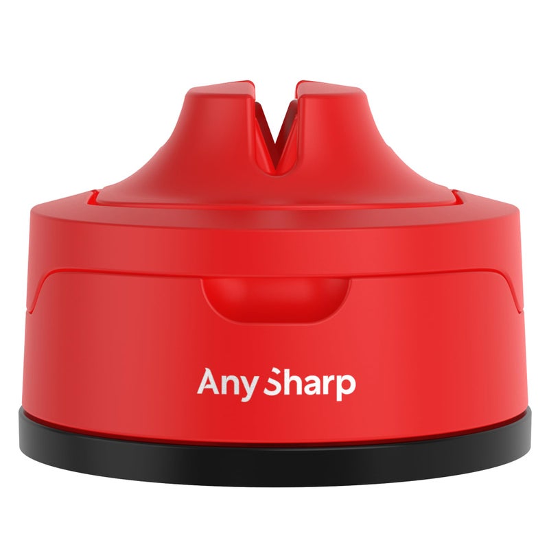 أداة شحذ السكاكين اليدوية AnySharp EVO سهلة الاستخدام مع قاعدة شفط PowerGrip المحسّنة وزاوية مسبقة الضبط 20 درجة لجميع السكاكين الطهاة المسننة والفولاذ المقسى - أحمر