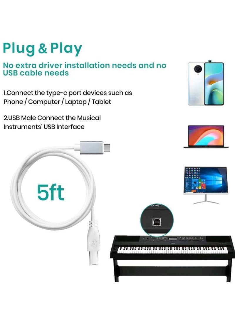 Excefore - USB C MIDI Cable, Type C to USB 2.0 MIDI Interface Cable for Samsung, Huawei Laptop, MacBook to Connect with Printer, Midi Controller, Midi Keyboard, Audio Interface and More (1m, White) - Image 1