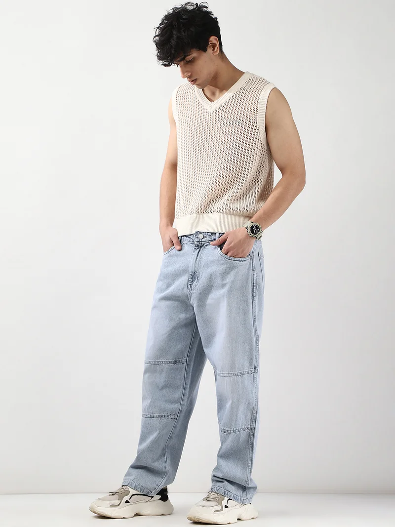 Urbano Fashion  Urbano Fashion Men's Ice Grey Loose Baggy Fit Cut and Sew Panelled Jeans Non-Stretchable  | Best Price UAE