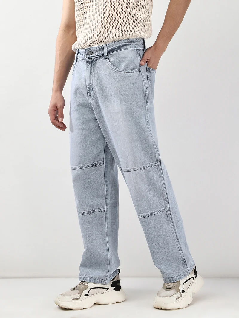 Urbano Fashion Men's Ice Grey Loose Baggy Fit Cut and Sew Panelled Jeans Non-Stretchable