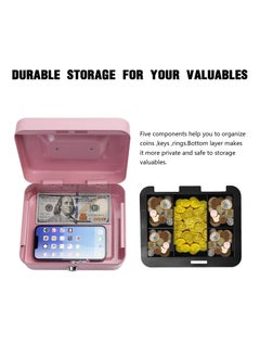 XiuWoo Steel Cash Box with Key Lock, Metal Small Money Organizer with Money Tray, Cash Storage Box with Lockable Cover, Pink  - Image 3