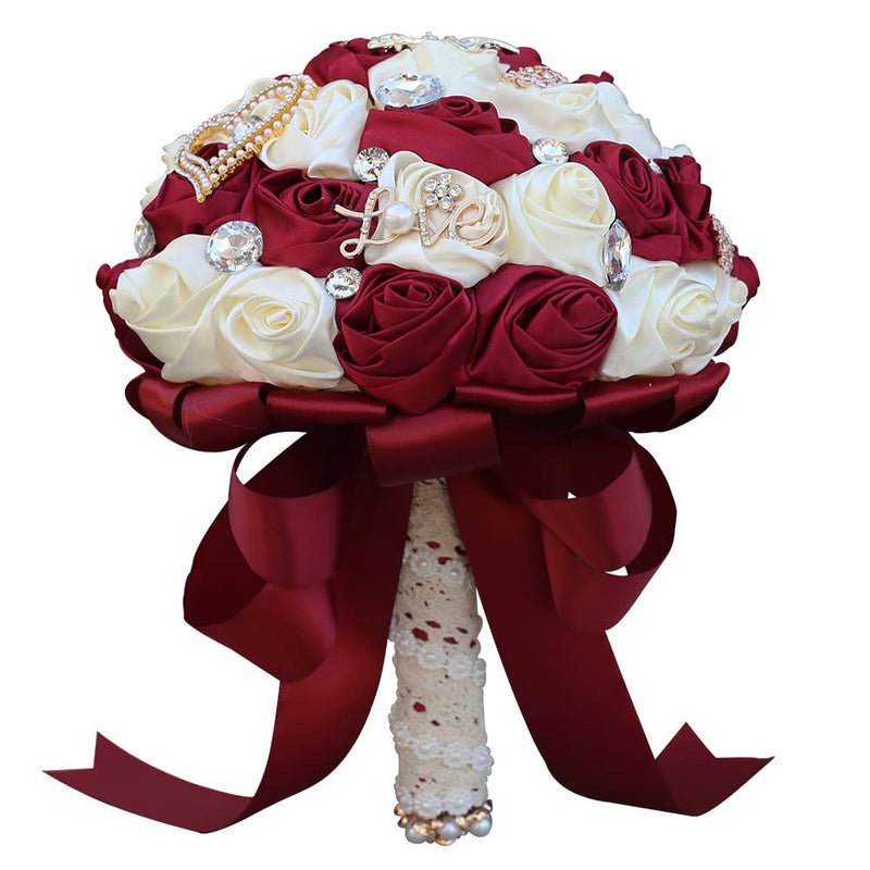 Sharebeauty Sharebeauty 59 Inch Handmade Satin Rose Bridal Bouquet Toss Round Wedding Bouquet Throw Toss Artificial Flower Bunch Dark Red  Ivory 