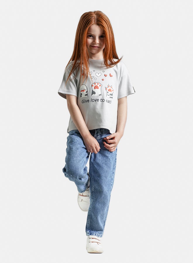 ريمينت تيشرت للبنات برسمة حب القطط فضي  - Image 2