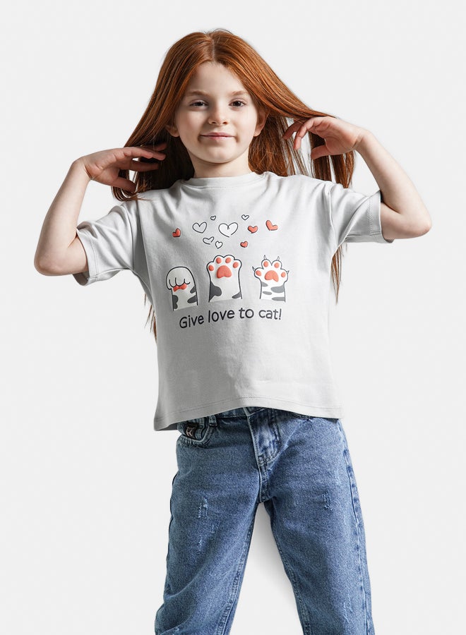 ريمينت تيشرت للبنات برسمة حب القطط فضي  - Image 1