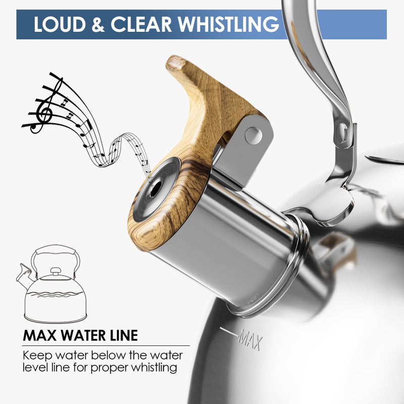 Chefbar Tea Kettles Stovetop, 2.6 Quart Whistling Tea Kettle for Stove Top, Food Grade Stainless Steel Teapot Tea Pot with Wood Pattern Handle for Home Kitchen, Silver - Image 3