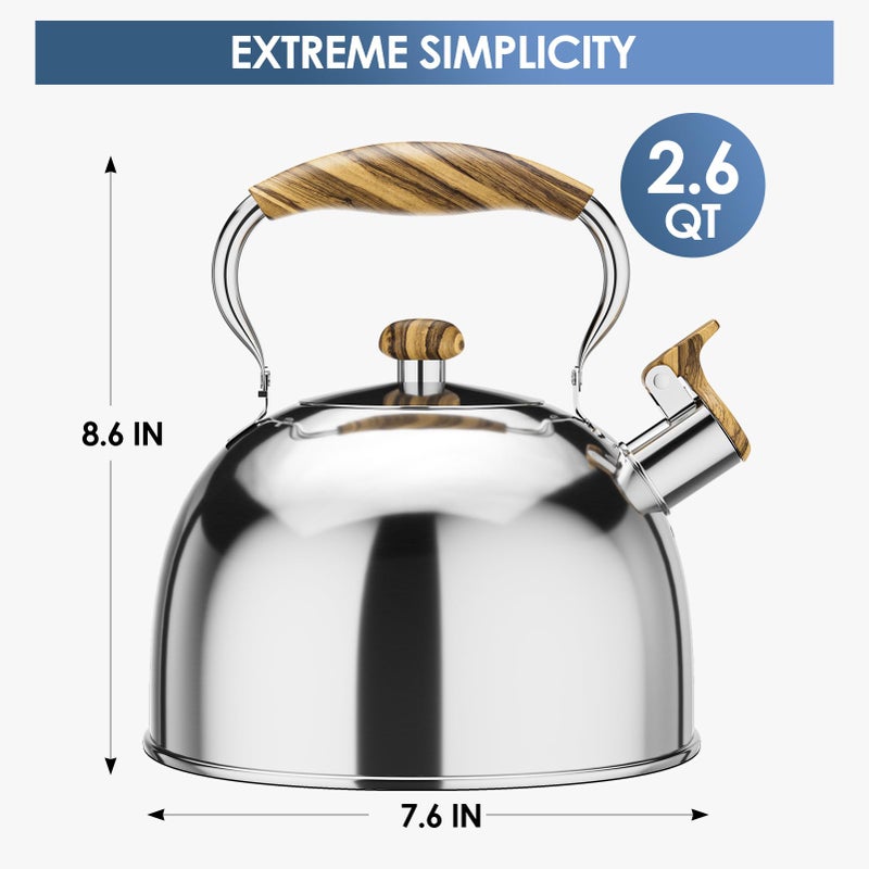 Chefbar Tea Kettles Stovetop, 2.6 Quart Whistling Tea Kettle for Stove Top, Food Grade Stainless Steel Teapot Tea Pot with Wood Pattern Handle for Home Kitchen, Silver - Image 2