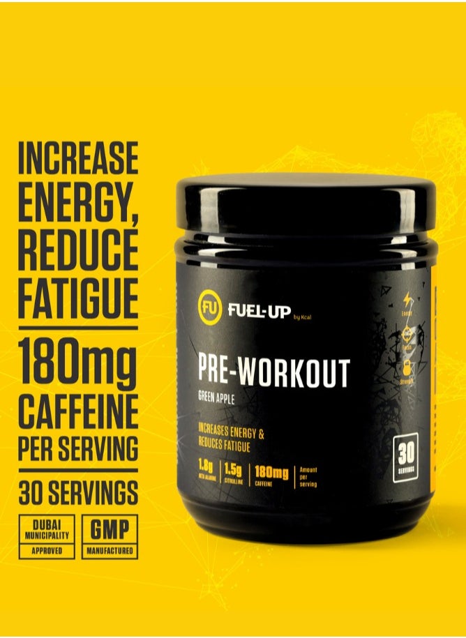 FUEL-UP by Kcal - Pre Workout - Green Apple -1.8g Beta Alanine-1.5g Citrulline- 180mg Caffeine- 30 Servings- 300g - Image 1
