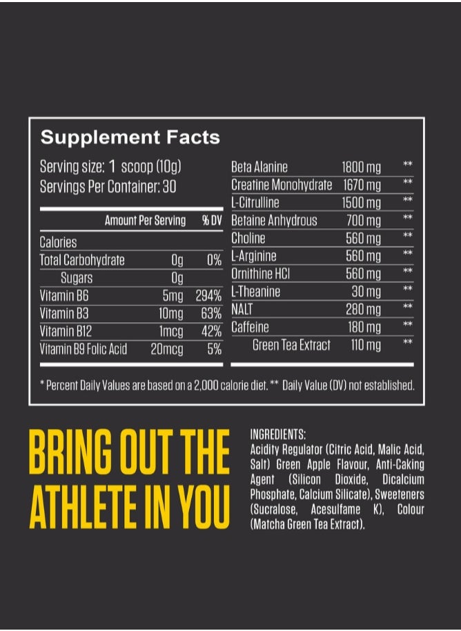FUEL-UP by Kcal - Pre Workout - Green Apple -1.8g Beta Alanine-1.5g Citrulline- 180mg Caffeine- 30 Servings- 300g - Image 1