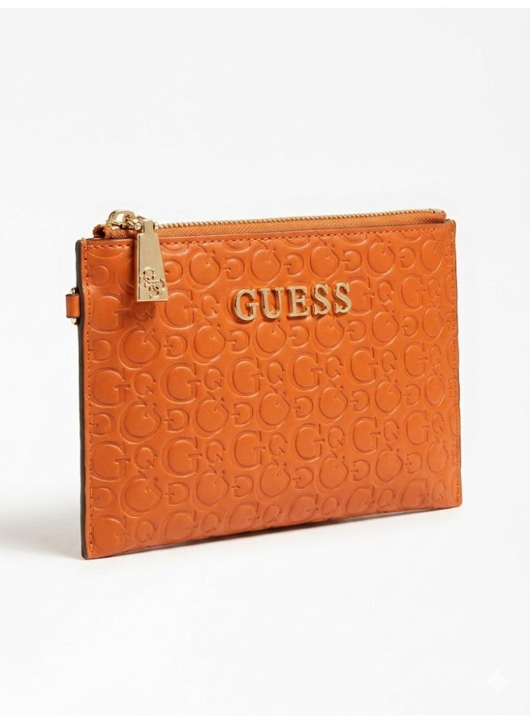 Women’s Leather Pouch Wallet with Zipper – Slim Coin & Card Holder – Elegant orange Mini Clutch