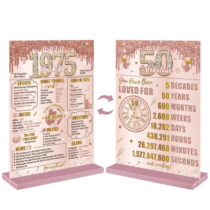 Bumqviy 50th Birthday Decorations Back in 1975 Table Sign for Women  Pink Rose Gold Happy 50th Birthday Two-Sided Wooden Table Poster with Stand Party Supplies - Image 1