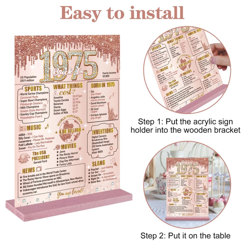 Bumqviy 50th Birthday Decorations Back in 1975 Table Sign for Women  Pink Rose Gold Happy 50th Birthday Two-Sided Wooden Table Poster with Stand Party Supplies - Image 3