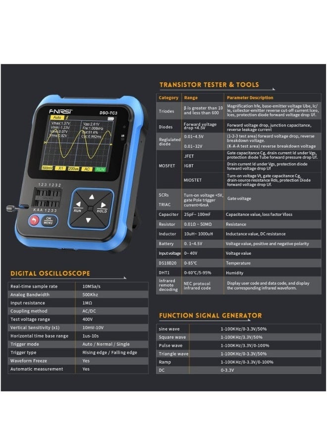 فنيرسي {"en":"DSO-TC3 Oscilloscope - 3-in-1 Handheld Oscilloscope \u0026 DDS Signal Generator \u0026 Transistor Tester, 500Khz Bandwidth 10MSa/s Sampling Rate, 6 Types of Waveforms, Transistors Measure - Image 3
