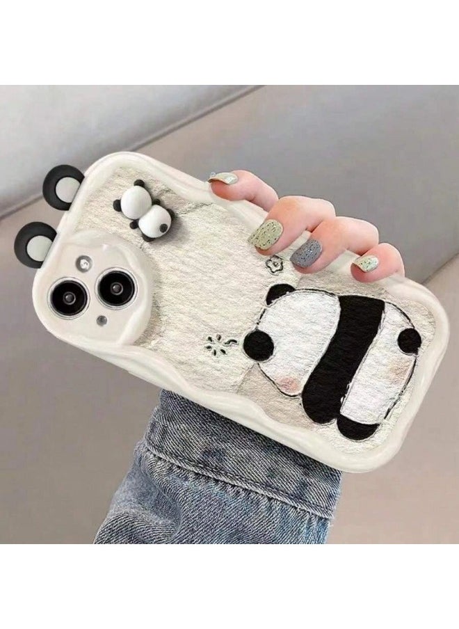 ShebSheb - Cute Panda iPhone 14 Case Cartoon Animal 3D Ears Panda Wavy Edge Protector,Soft Silicone Back Phone Cover - Image 1