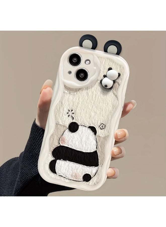 ShebSheb - Cute Panda iPhone 14 Case Cartoon Animal 3D Ears Panda Wavy Edge Protector,Soft Silicone Back Phone Cover - Image 1