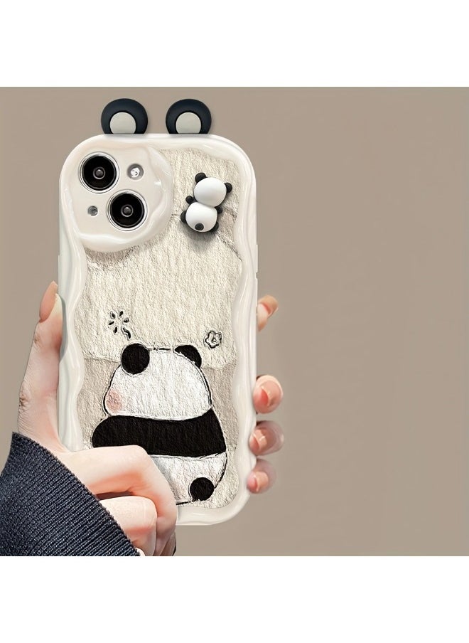ShebSheb - Cute Panda iPhone 14 Case Cartoon Animal 3D Ears Panda Wavy Edge Protector,Soft Silicone Back Phone Cover - Image 1