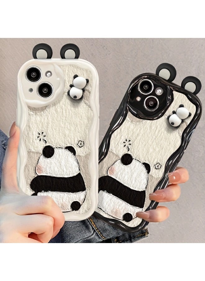 ShebSheb - Cute Panda iPhone 14 Case Cartoon Animal 3D Ears Panda Wavy Edge Protector,Soft Silicone Back Phone Cover - Image 1