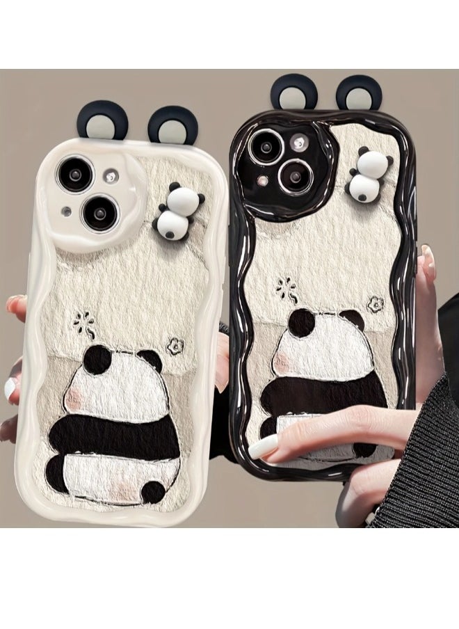 ShebSheb - Cute Panda iPhone 14 Case Cartoon Animal 3D Ears Panda Wavy Edge Protector,Soft Silicone Back Phone Cover - Image 1