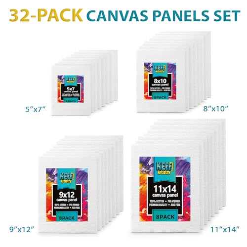 KEFF 32-Pack Bulk Canvas for Painting, 8 of 5x7, 8x10, 9x12, 11x14 Canvas Boards for Painting, Art Supplies for Adults & Kids - 100% Cotton Primed Painting Canvas for Acrylic, Oil, Watercolor, Tempera - Image 2