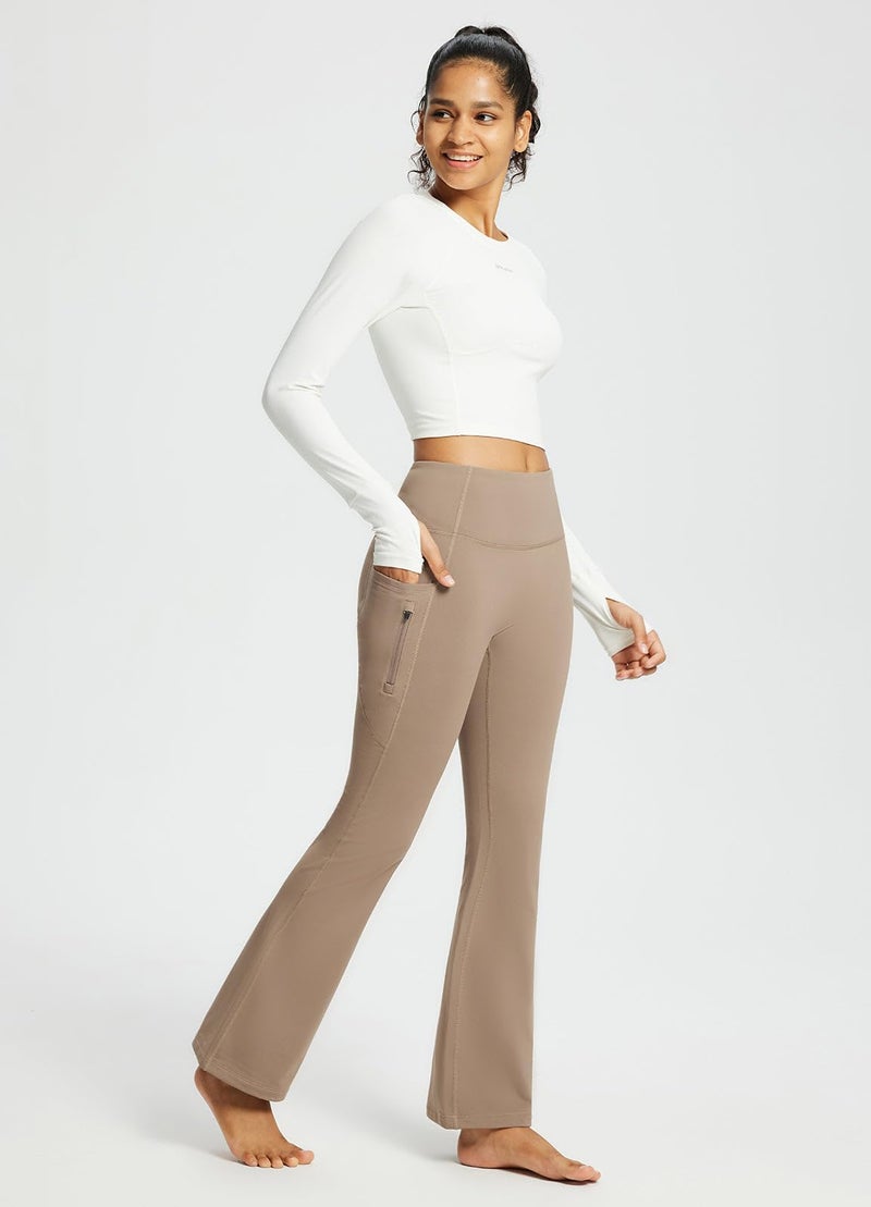 baleaf Women's Fleece Lined Pants Winter Thermal Warm Yoga Pants Flare Leggings Waterproof Warm Bell Bottom Leggings with Pockets 29'' Cocoa Creme S - Image 2