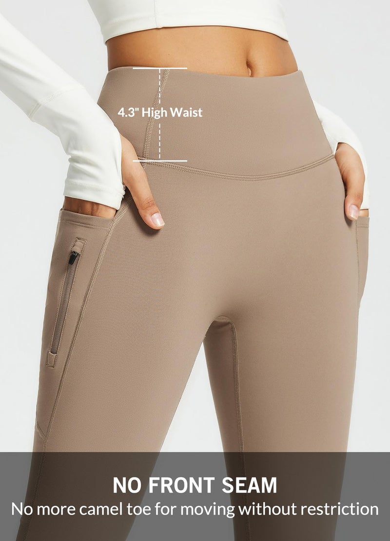 baleaf Women's Fleece Lined Pants Winter Thermal Warm Yoga Pants Flare Leggings Waterproof Warm Bell Bottom Leggings with Pockets 29'' Cocoa Creme S - Image 4