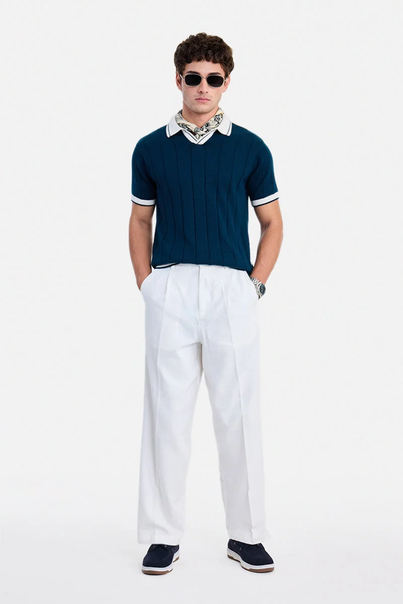 سنيتش Navy Blue Ribbed Half Sleeve Regular Fit T-Shirt