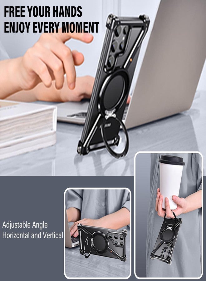 Omio for Galaxy S25 Ultra Bumper Case Compatible with MagSafe, Minimalist Phone Cover with Magnetic Kickstand Slim Aluminum Metal Frameless Z Design Shockproof Stand Case for Men Women, Black Titanium - Image 5