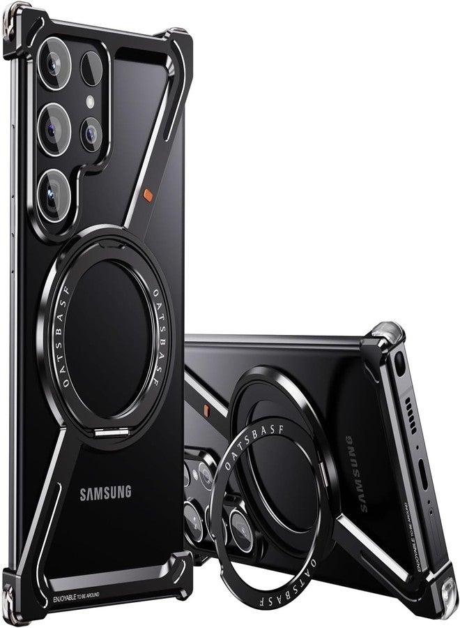 Omio for Galaxy S25 Ultra Bumper Case Compatible with MagSafe, Minimalist Phone Cover with Magnetic Kickstand Slim Aluminum Metal Frameless Z Design Shockproof Stand Case for Men Women, Black Titanium - Image 1