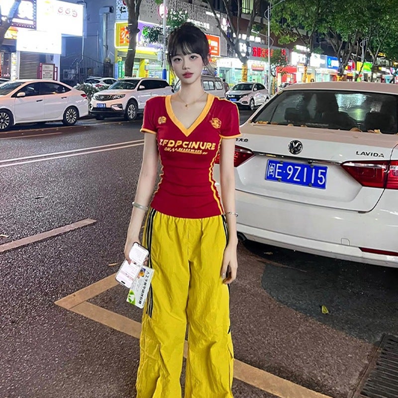 Jin Jing Guan Figure 40 Cotton 92 Cotton 8 Spandex V-Neck Shoulder Short Sleeve T-Shirt Women'S Slim-Fit Short Top - Image 2