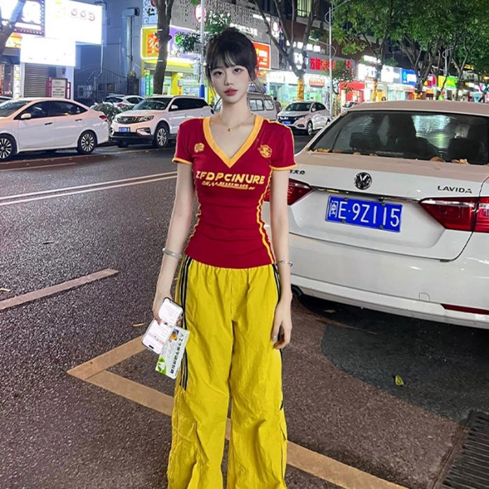 Jin Jing Guan Figure 40 Cotton 92 Cotton 8 Spandex V-Neck Shoulder Short Sleeve T-Shirt Women'S Slim-Fit Short Top - Image 1