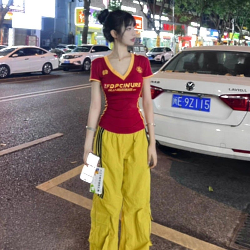 Jin Jing Guan Figure 40 Cotton 92 Cotton 8 Spandex V-Neck Shoulder Short Sleeve T-Shirt Women'S Slim-Fit Short Top - Image 3