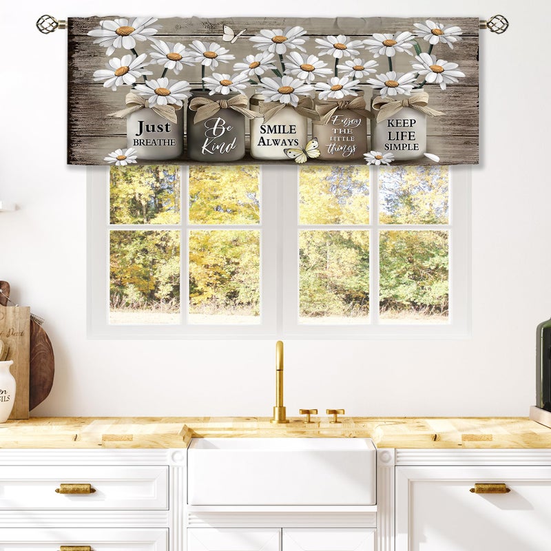 Rustic Floral Window Valance, Vintage Daisy Pattern Curtain Tiebacks, Suitable for Kitchen, Bathroom, Bedroom, and Living Room (52x 18 inches), Brown 2PCS - Image 2