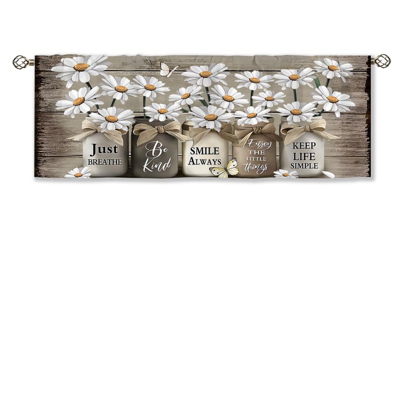 Rustic Floral Window Valance, Vintage Daisy Pattern Curtain Tiebacks, Suitable for Kitchen, Bathroom, Bedroom, and Living Room (52x 18 inches), Brown 2PCS - Image 1