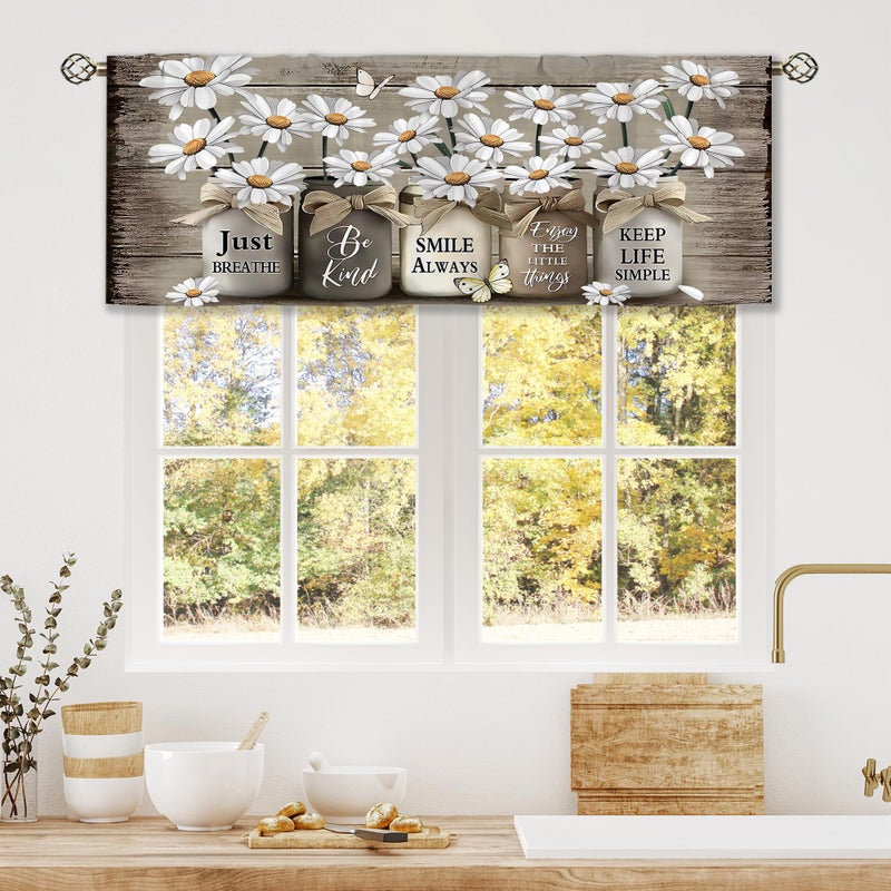 Rustic Floral Window Valance, Vintage Daisy Pattern Curtain Tiebacks, Suitable for Kitchen, Bathroom, Bedroom, and Living Room (52x 18 inches), Brown 2PCS - Image 3
