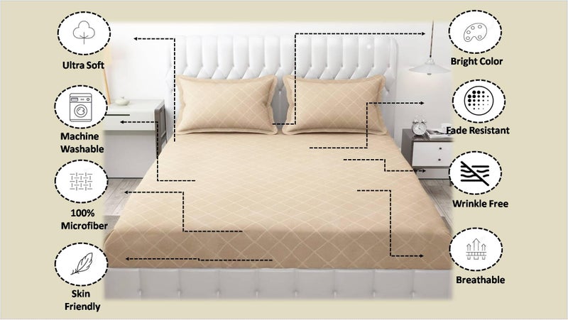 Filymore 300 TC Microfiber Solid Embossed Check Double/King Size Bedsheet with 2 Pillow Covers (90x95 Inches) – Soft, Durable Cream Single Color Bedcover for Home & Hotel Use - Image 2