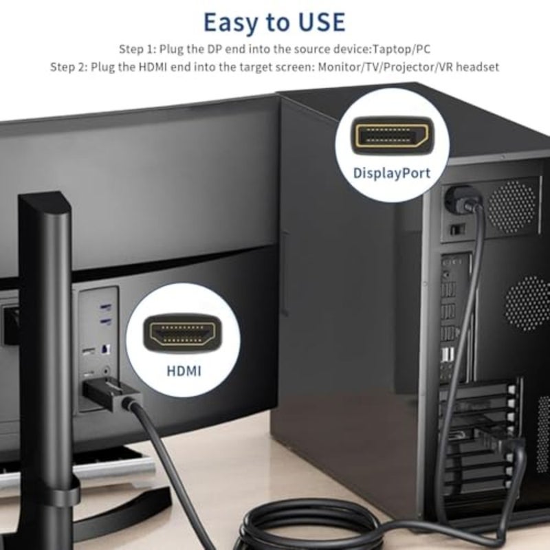 كابل منفذ عرض 4K إلى HDMI، [4K@30 هرتز، 2K@60 هرتز، 1080P@120 هرتز] مصدر DP أحادي الاتجاه إلى HDMI (العرض) 1.4 كابل متوافق مع سطح المكتب وDell وLenovo وThinkPad وHP وAMD وNVIDIA والمزيد - Image 3