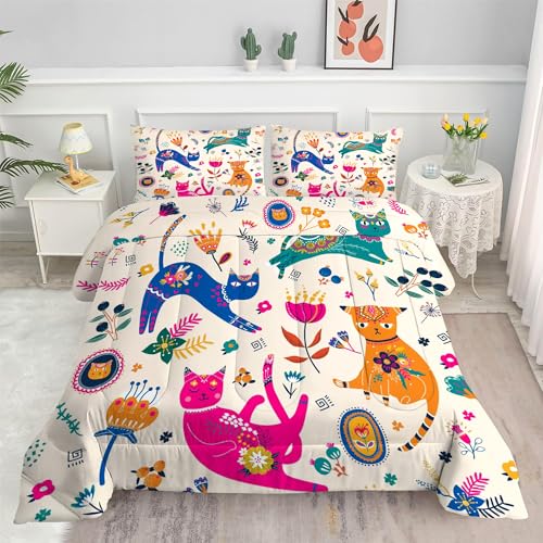 EDGZKO Cat Comforter Set Twin: Cute Floral Cats Twin Bedding Sets for Girls Kids Teens Toddler Cartoon Flowers Kawaii Animals Print Quilt Duvet Bed Set with 1 Comforter & 1 Pillowcase - Image 3
