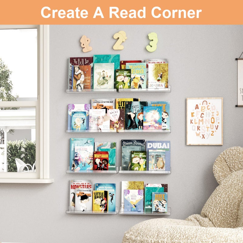 upsimples 8 Pack Acrylic Shelves Wall Organizer and Storage, 15" Display Shelf for Figure, Toy Cars, Perfume, Kids Bookshelf for Bedroom, Nursery, Craft Room, Clear - Image 4