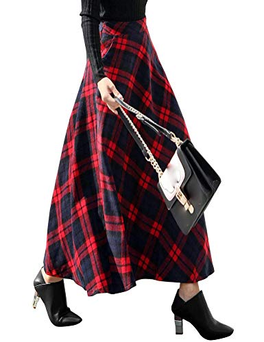 IDEALSANXUN Christmas Skirt for Women Christmas Outfits 2025 Fall Winter Clothes Tweed Tartan Flannel Red Plaid Dress Long Skirt, Long Red, L - Image 3
