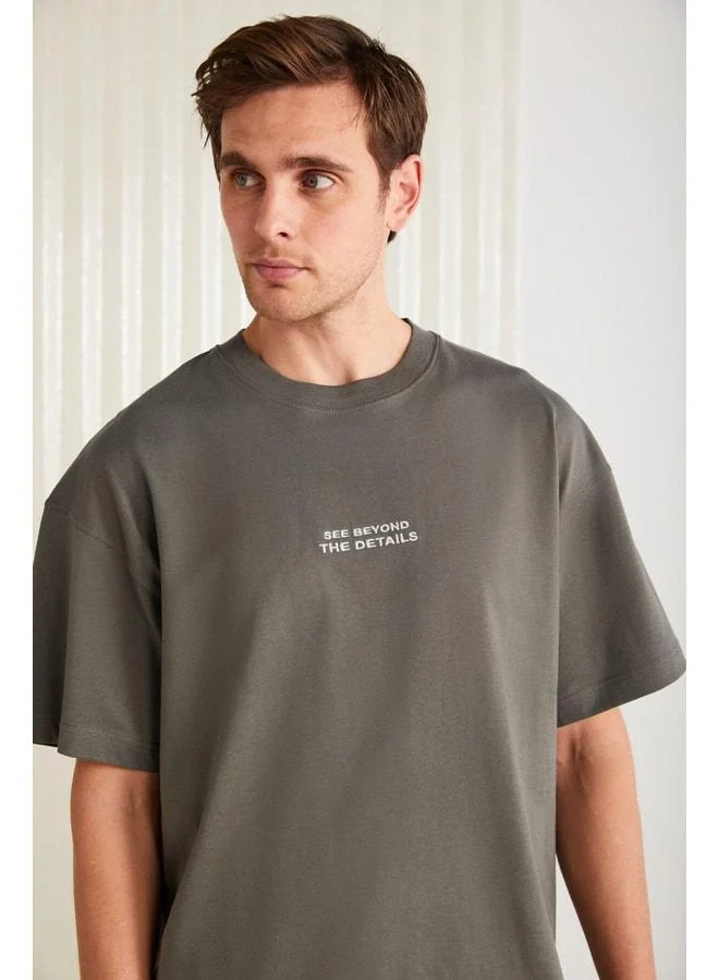 Grimelange Vıto Men's 100% Organic Cotton Embroidered Text Detailed Oversized Loose-Fit Short Sleeve Grey T‑shirt.