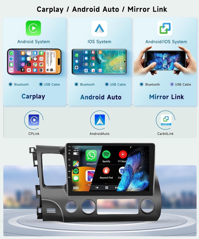 Podofo 8 CORE 4G+64G Car Radio Stereo for Honda Civic 2006-2011 with Wireless CarPlay/Android Auto, 10.1 Inch 1280 * 720P IPS Touch Screen Android 13 GPS WiFi Bluetooth 32-Band DSP HD Rear Camera - Image 3