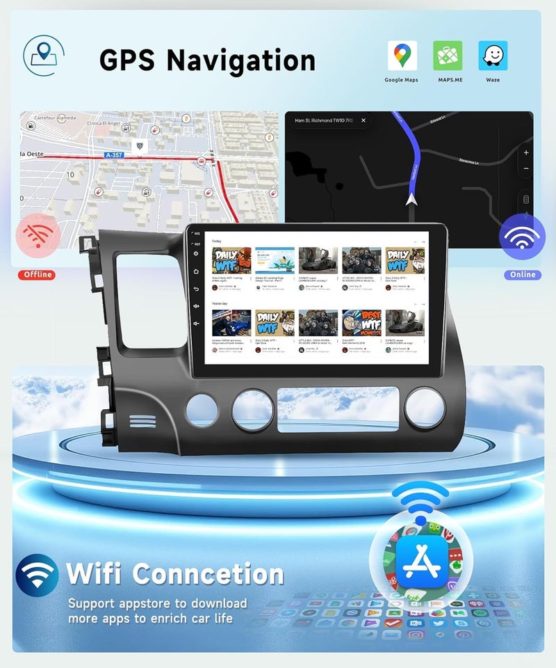 Podofo 8 CORE 4G+64G Car Radio Stereo for Honda Civic 2006-2011 with Wireless CarPlay/Android Auto, 10.1 Inch 1280 * 720P IPS Touch Screen Android 13 GPS WiFi Bluetooth 32-Band DSP HD Rear Camera - Image 4