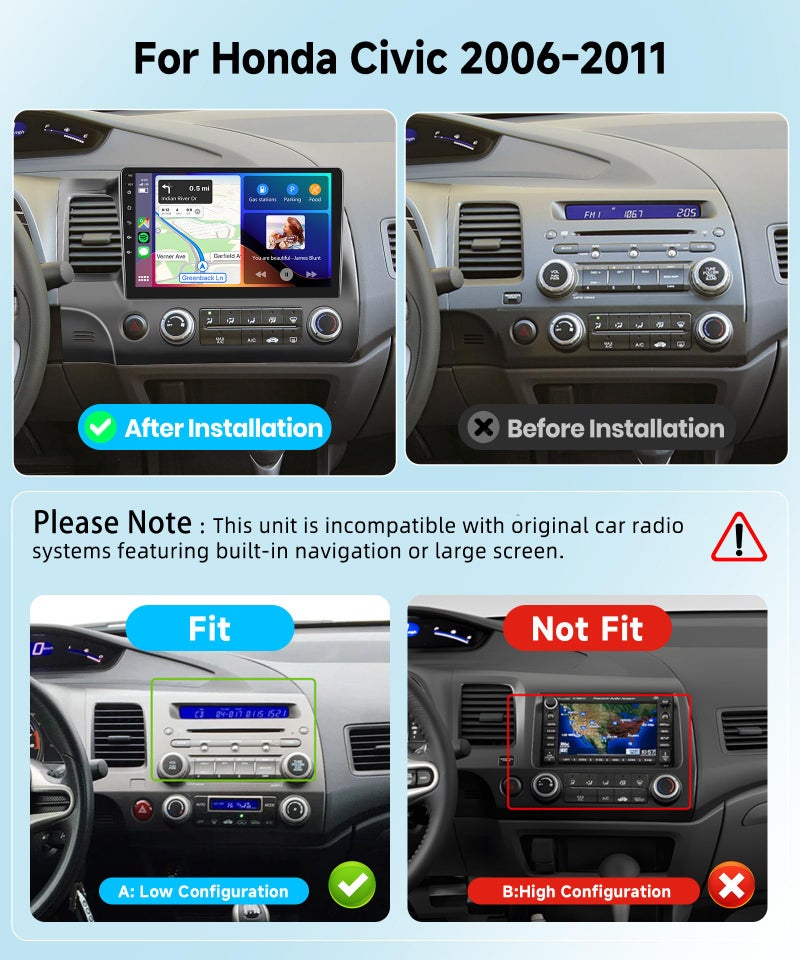 Podofo 8 CORE 4G+64G Car Radio Stereo for Honda Civic 2006-2011 with Wireless CarPlay/Android Auto, 10.1 Inch 1280 * 720P IPS Touch Screen Android 13 GPS WiFi Bluetooth 32-Band DSP HD Rear Camera - Image 2