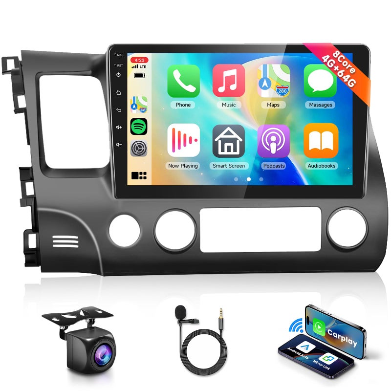 Podofo 8 CORE 4G+64G Car Radio Stereo for Honda Civic 2006-2011 with Wireless CarPlay/Android Auto, 10.1 Inch 1280 * 720P IPS Touch Screen Android 13 GPS WiFi Bluetooth 32-Band DSP HD Rear Camera - Image 1