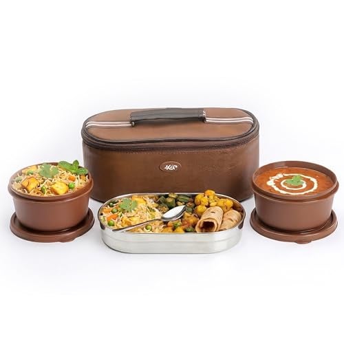 KOI TiffinPro Stainless Steel Tiffen Box for Office Set | Microwave Safe & Leakproof | Tiffin Box for Men | Insulated Bag, 2 Containers 450ml & Oval Container 400ml | Memphis Brown - Image 1