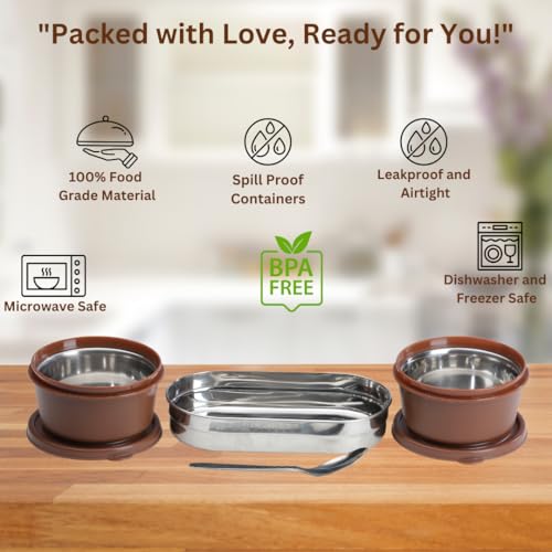 KOI TiffinPro Stainless Steel Tiffen Box for Office Set | Microwave Safe & Leakproof | Tiffin Box for Men | Insulated Bag, 2 Containers 450ml & Oval Container 400ml | Memphis Brown - Image 3