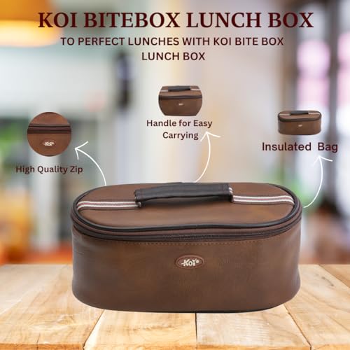 KOI TiffinPro Stainless Steel Tiffen Box for Office Set | Microwave Safe & Leakproof | Tiffin Box for Men | Insulated Bag, 2 Containers 450ml & Oval Container 400ml | Memphis Brown - Image 5