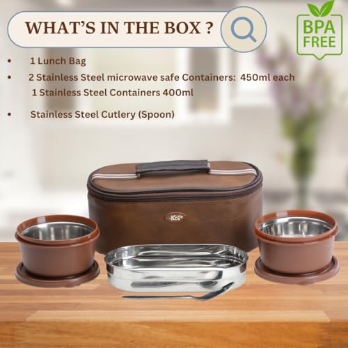 KOI TiffinPro Stainless Steel Tiffen Box for Office Set | Microwave Safe & Leakproof | Tiffin Box for Men | Insulated Bag, 2 Containers 450ml & Oval Container 400ml | Memphis Brown - Image 4