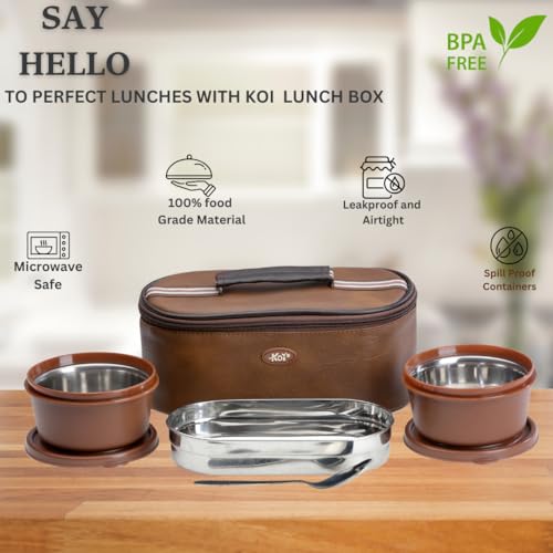 KOI TiffinPro Stainless Steel Tiffen Box for Office Set | Microwave Safe & Leakproof | Tiffin Box for Men | Insulated Bag, 2 Containers 450ml & Oval Container 400ml | Memphis Brown - Image 2