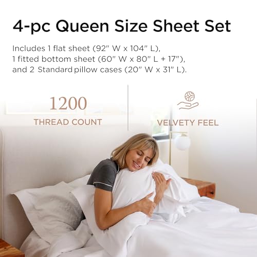 Threadmill Luxury Supima Queen Sheet Set, 1200 Thread Count 100% Cotton Sheets for Queen Size Mattress, 4 Pc Bed Sheets Queen Size Set, 5-Star Hotel Quality White Queen Sheets Elasticized Deep Pocket - Image 2