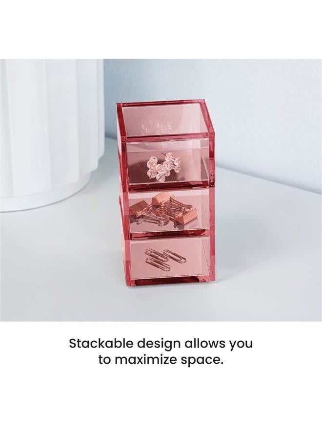 OfficeGoods 3-Tier Stackable Acrylic Holder- Stylish Desk Organizer and Storage for Office or Home – Transparent Square Design, Pink with Silver Metal Base - Image 4
